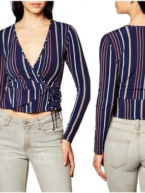 BCBGeneration Navy Striped Wrap Crop Top with Side Tie